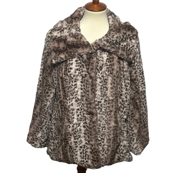 Faux Fur Leopard Print 3/4 Sleeve Jacket Snap Front Coat Collar - Picture 1 of 11